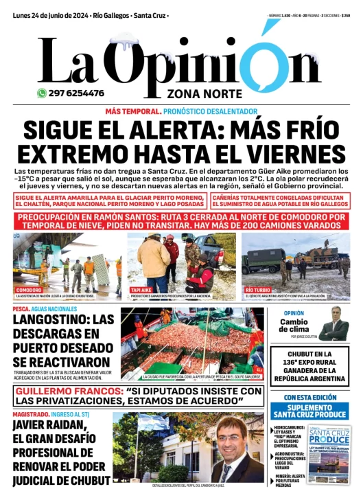 Diario La Opinión Zona Norte tapa edición impresa del lunes 24 de junio de 2024, Caleta Olivia, Santa Cruz, Argentina