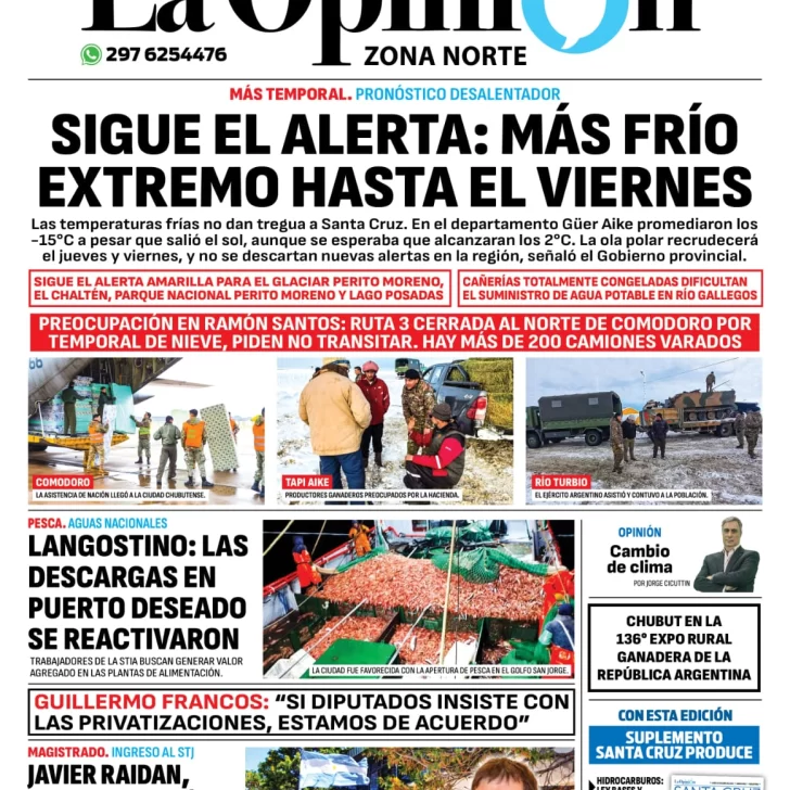 Diario La Opinión Zona Norte tapa edición impresa del lunes 24 de junio de 2024, Caleta Olivia, Santa Cruz, Argentina
