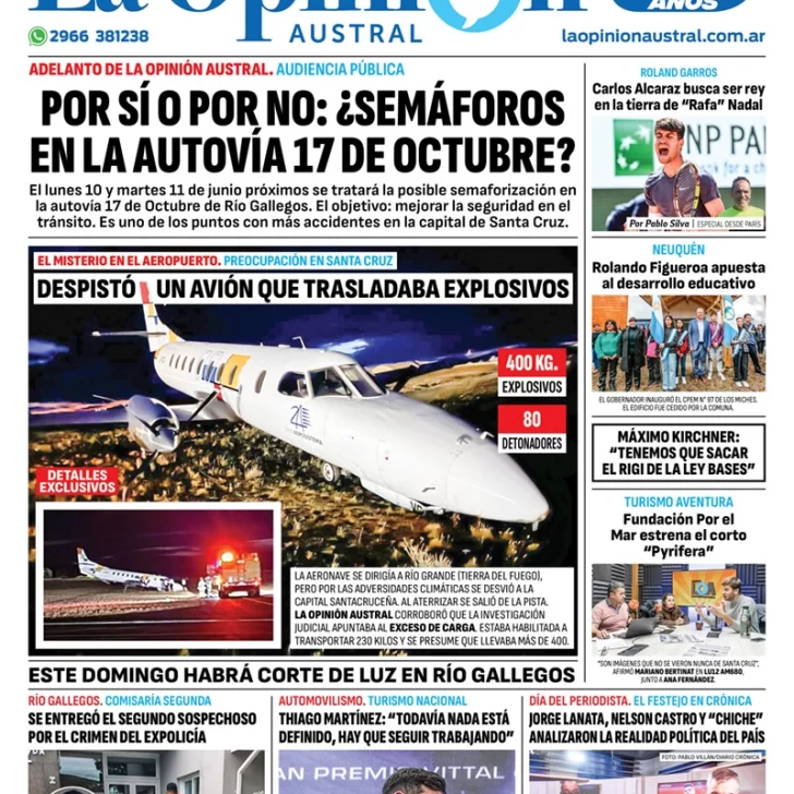 Diario La Opinión Austral tapa edición impresa del sábado 8 de junio de 2024, Río Gallegos, Santa Cruz, Argentina