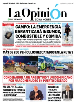 Diario La Opinión Zona Norte tapa edición impresa del jueves 27 de junio de 2024, Caleta Olivia, Santa Cruz, Argentina