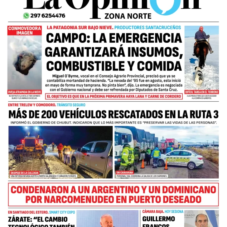 Diario La Opinión Zona Norte tapa edición impresa del jueves 27 de junio de 2024, Caleta Olivia, Santa Cruz, Argentina
