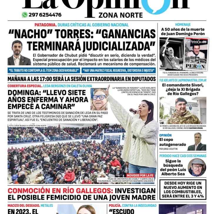 Diario La Opinión Zona Norte tapa edición impresa del lunes 01 de julio de 2024, Caleta Olivia, Santa Cruz, Argentina