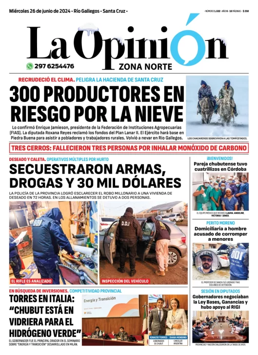 Diario La Opinión Zona Norte tapa edición impresa del miércoles 26 de junio de 2024, Caleta Olivia, Santa Cruz, Argentina
