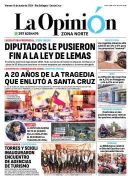 Diario La Opinión Zona Norte tapa edición impresa del viernes 14 de junio de 2024, Caleta Olivia, Santa Cruz, Argentina