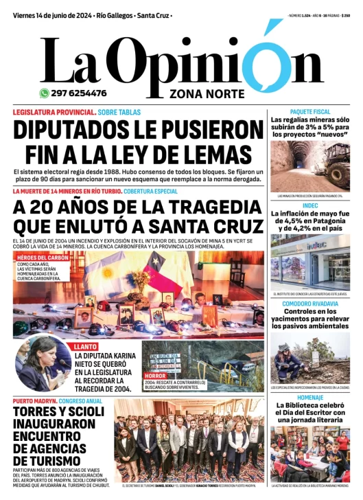 Diario La Opinión Zona Norte tapa edición impresa del viernes 14 de junio de 2024, Caleta Olivia, Santa Cruz, Argentina