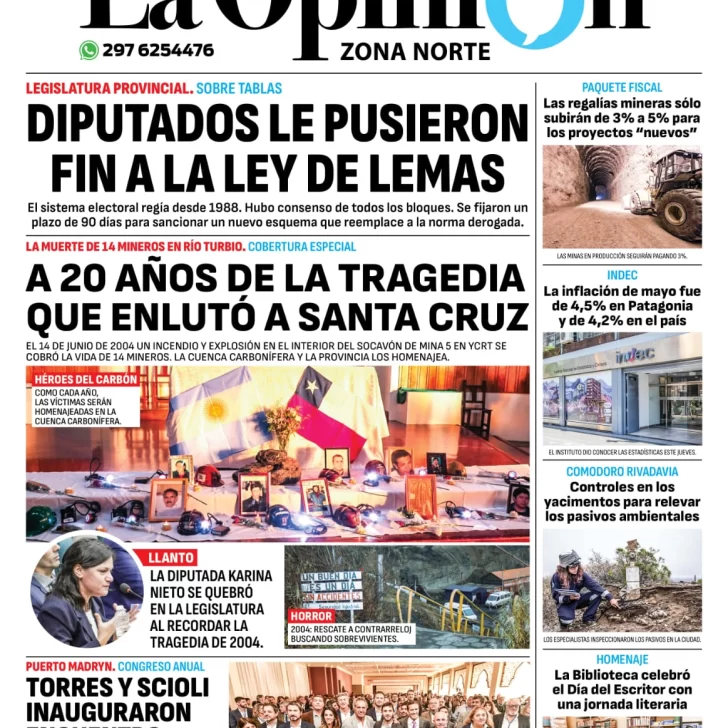 Diario La Opinión Zona Norte tapa edición impresa del viernes 14 de junio de 2024, Caleta Olivia, Santa Cruz, Argentina
