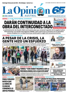 Diario La Opinión Austral tapa edición impresa del domingo 16 de junio de 2024, Río Gallegos, Santa Cruz, Argentina