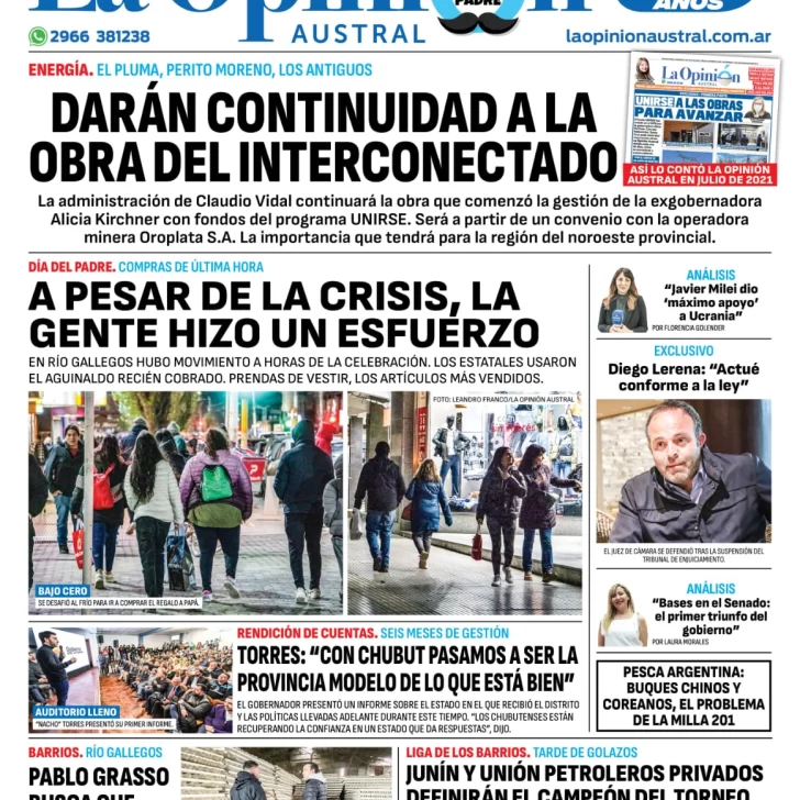 Diario La Opinión Austral tapa edición impresa del domingo 16 de junio de 2024, Río Gallegos, Santa Cruz, Argentina