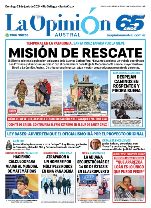 Diario La Opinión Austral tapa edición impresa del domingo 23 de junio de 2024, Río Gallegos, Santa Cruz, Argentina