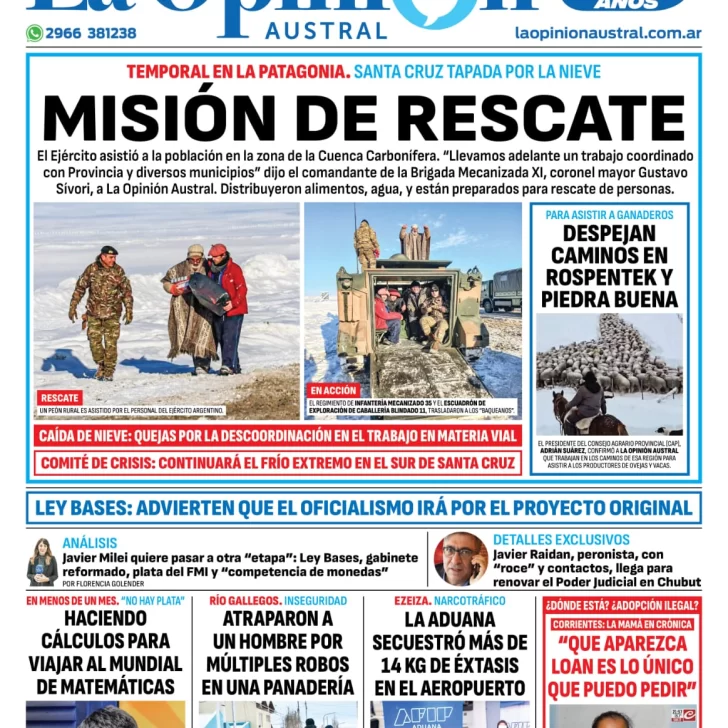 Diario La Opinión Austral tapa edición impresa del domingo 23 de junio de 2024, Río Gallegos, Santa Cruz, Argentina