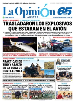 Diario La Opinión Austral tapa edición impresa del domingo 9 de junio de 2024, Río Gallegos, Santa Cruz, Argentina