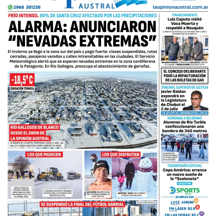 Diario La Opinión Austral tapa edición impresa del jueves 20 de junio de 2024, Río Gallegos, Santa Cruz, Argentina