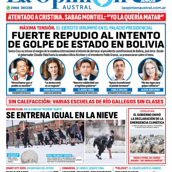 Diario La Opinión Austral tapa edición impresa del jueves 27 de junio de 2024, Río Gallegos, Santa Cruz, Argentina