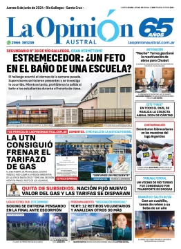 Diario La Opinión Austral tapa edición impresa del jueves 6 de junio de 2024, Río Gallegos, Santa Cruz, Argentina