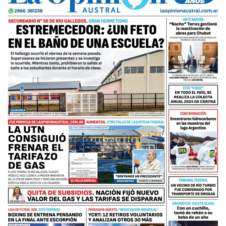 Diario La Opinión Austral tapa edición impresa del jueves 6 de junio de 2024, Río Gallegos, Santa Cruz, Argentina