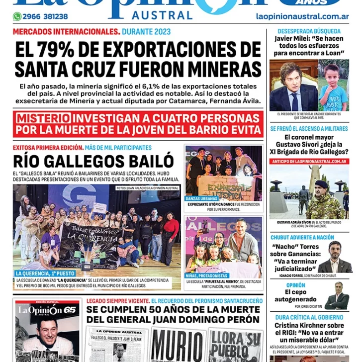 Diario La Opinión Austral tapa edición impresa del lunes 01 de julio de 2024, Río Gallegos, Santa Cruz, Argentina