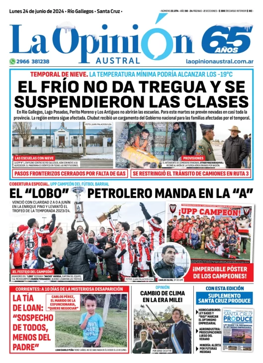 Diario La Opinión Austral tapa edición impresa del lunes 24 de junio de 2024, Río Gallegos, Santa Cruz, Argentina