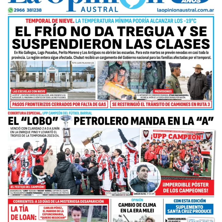 Diario La Opinión Austral tapa edición impresa del lunes 24 de junio de 2024, Río Gallegos, Santa Cruz, Argentina