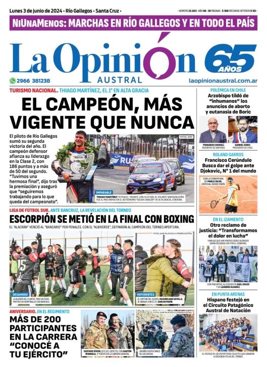 Diario La Opinión Austral tapa edición impresa del lunes 3 de junio de 2024, Río Gallegos, Santa Cruz, Argentina