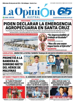 Diario La Opinión Austral tapa edición impresa del miércoles 26 de junio de 2024, Río Gallegos, Santa Cruz, Argentina