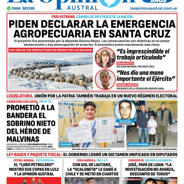 Diario La Opinión Austral tapa edición impresa del miércoles 26 de junio de 2024, Río Gallegos, Santa Cruz, Argentina