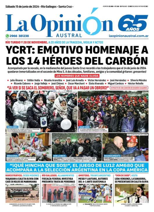 Diario La Opinión Austral tapa edición impresa del sábado 15 de junio de 2024, Río Gallegos, Santa Cruz, Argentina