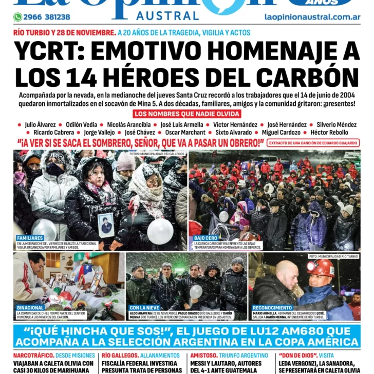 Diario La Opinión Austral tapa edición impresa del sábado 15 de junio de 2024, Río Gallegos, Santa Cruz, Argentina