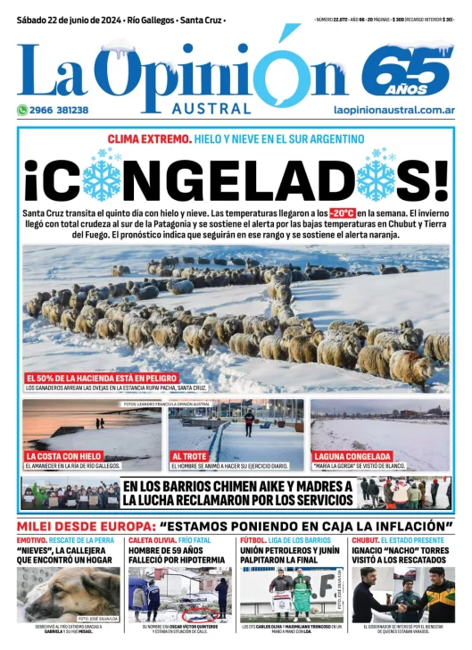 Diario La Opinión Austral tapa edición impresa del sábado 22 de junio de 2024, Río Gallegos, Santa Cruz, Argentina