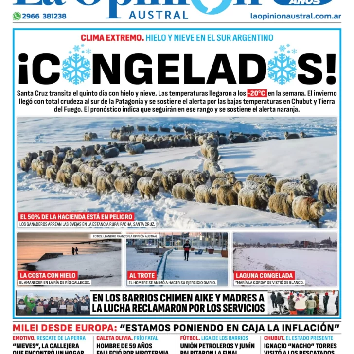 Diario La Opinión Austral tapa edición impresa del sábado 22 de junio de 2024, Río Gallegos, Santa Cruz, Argentina