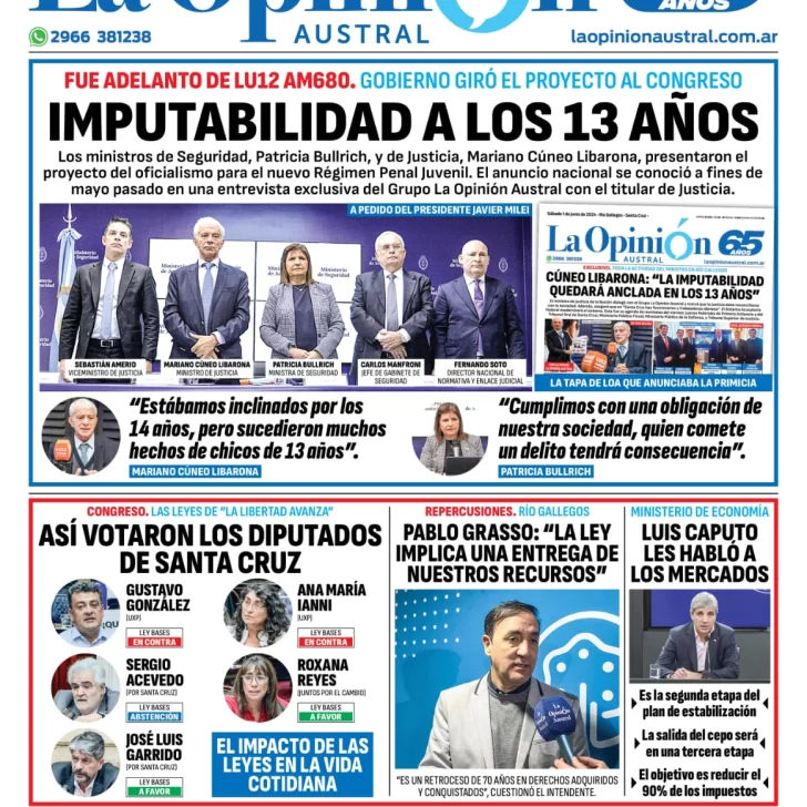 Diario La Opinión Austral tapa edición impresa del sábado 29 de junio de 2024, Río Gallegos, Santa Cruz, Argentina