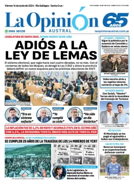 Diario La Opinión Austral tapa edición impresa del viernes 14 de junio de 2024, Río Gallegos, Santa Cruz, Argentina