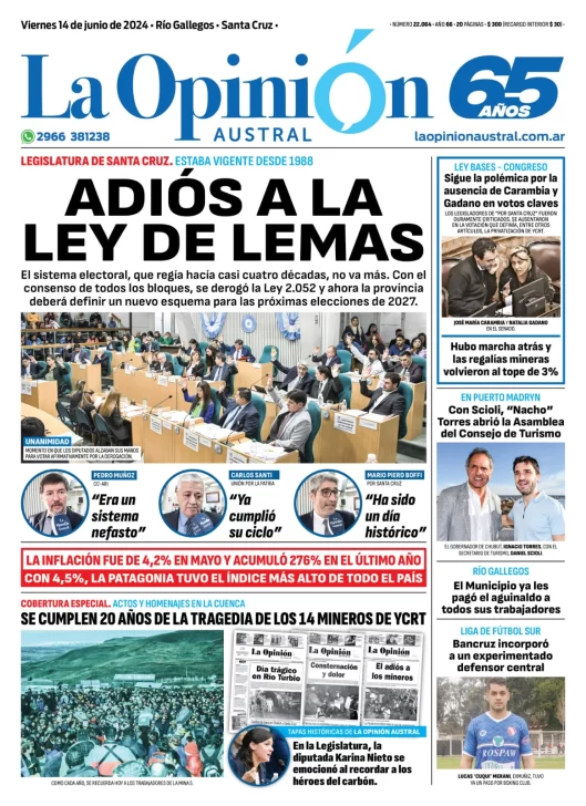 Diario La Opinión Austral tapa edición impresa del viernes 14 de junio de 2024, Río Gallegos, Santa Cruz, Argentina