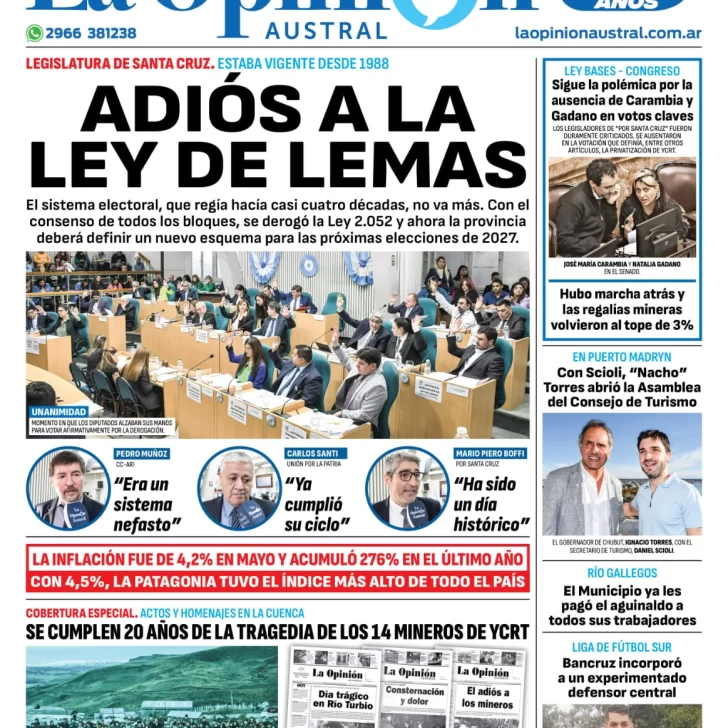 Diario La Opinión Austral tapa edición impresa del viernes 14 de junio de 2024, Río Gallegos, Santa Cruz, Argentina