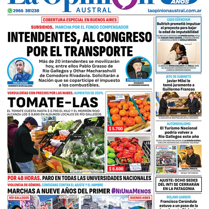 Diario La Opinión Austral tapa edición impresa del martes 4 de junio de 2024, Río Gallegos, Santa Cruz, Argentina