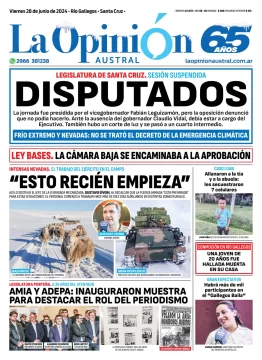 Diario La Opinión Austral tapa edición impresa del viernes 28 de junio de 2024, Río Gallegos, Santa Cruz, Argentina