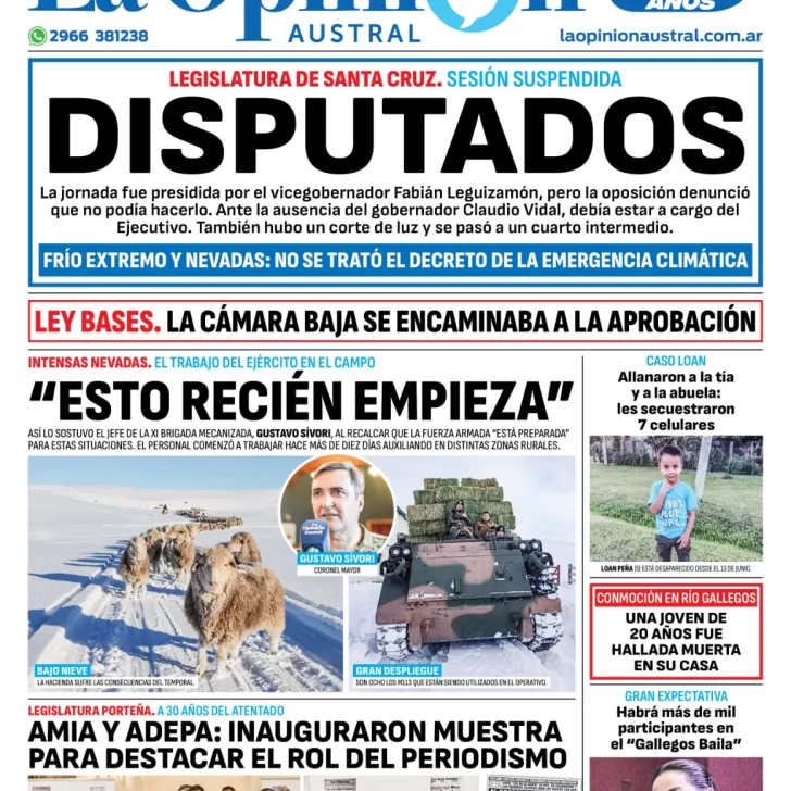 Diario La Opinión Austral tapa edición impresa del viernes 28 de junio de 2024, Río Gallegos, Santa Cruz, Argentina