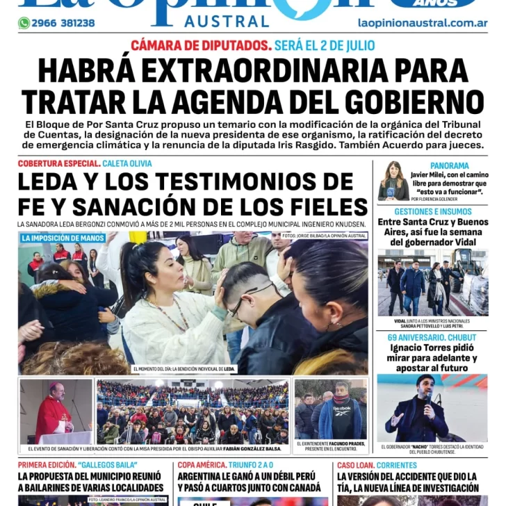 Diario La Opinión Austral tapa edición impresa del domingo 30 de junio de 2024, Río Gallegos, Santa Cruz, Argentina