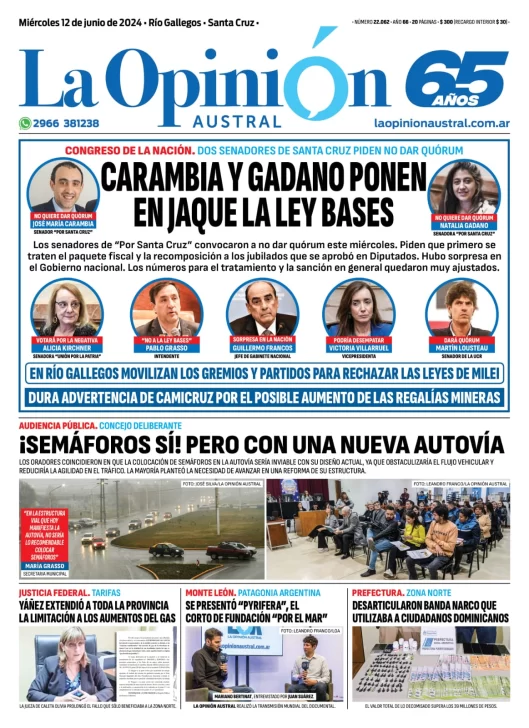 Diario La Opinión Austral tapa edición impresa del miércoles 12 de junio de 2024, Río Gallegos, Santa Cruz, Argentina