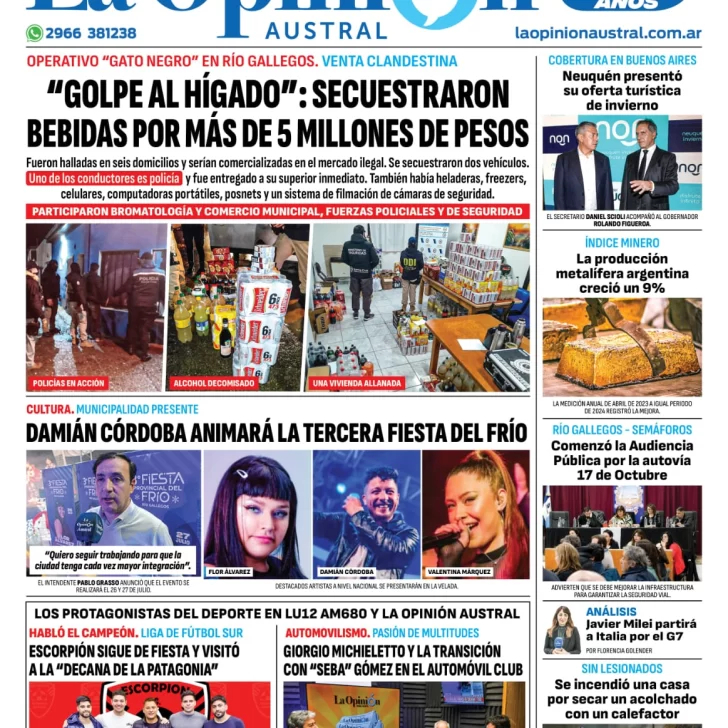 Diario La Opinión Austral tapa edición impresa del martes 11 de junio de 2024, Río Gallegos, Santa Cruz, Argentina