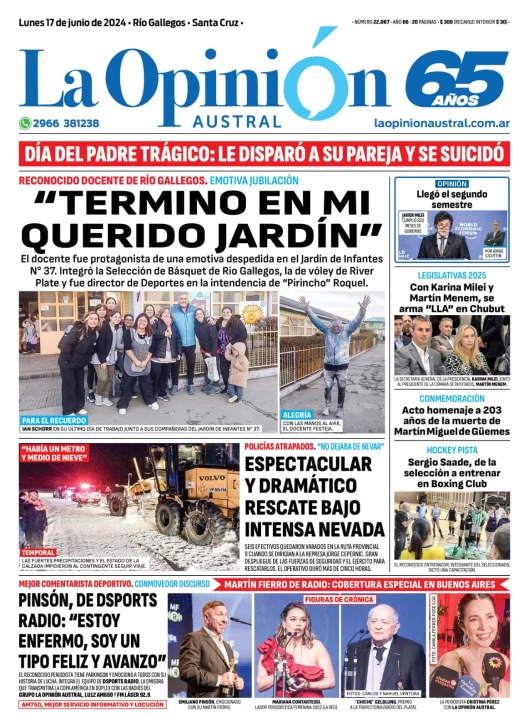 Diario La Opinión Austral tapa edición impresa del lunes 17 de junio de 2024, Río Gallegos, Santa Cruz, Argentina