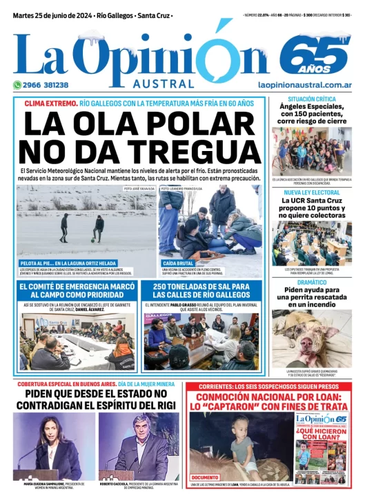 Diario La Opinión Austral tapa edición impresa del martes 25 de junio de 2024, Río Gallegos, Santa Cruz, Argentina