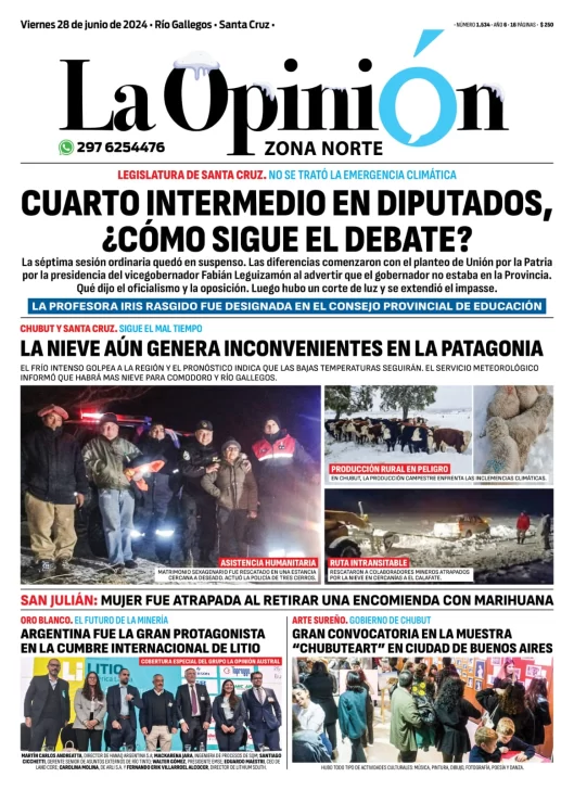 Diario La Opinión Zona Norte tapa edición impresa del viernes 28 de junio de 2024, Caleta Olivia, Santa Cruz, Argentina