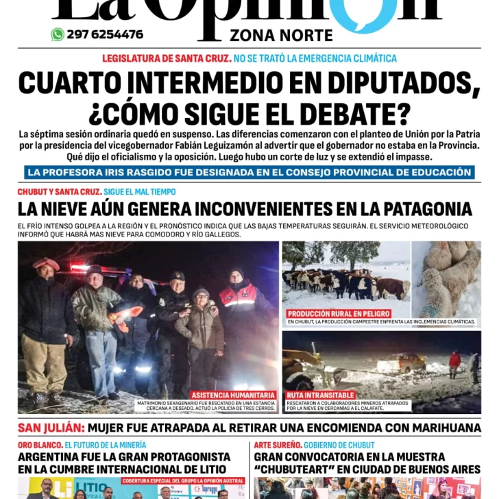 Diario La Opinión Zona Norte tapa edición impresa del viernes 28 de junio de 2024, Caleta Olivia, Santa Cruz, Argentina