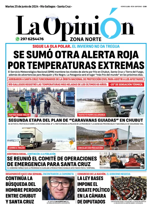 Diario La Opinión Zona Norte tapa edición impresa del martes 25 de junio de 2024, Caleta Olivia, Santa Cruz, Argentina