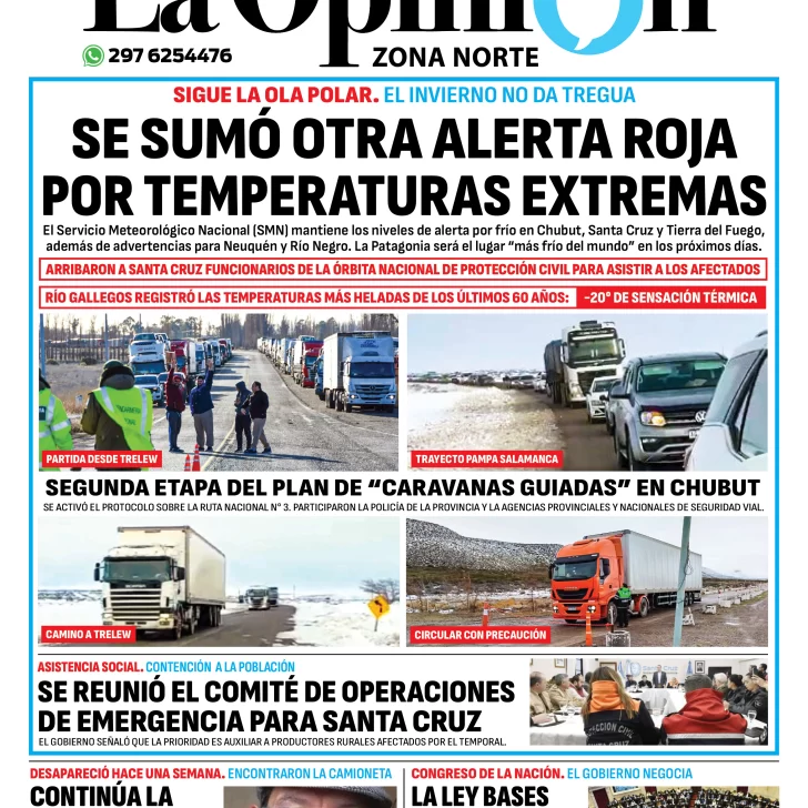 Diario La Opinión Zona Norte tapa edición impresa del martes 25 de junio de 2024, Caleta Olivia, Santa Cruz, Argentina