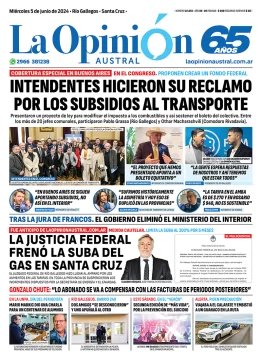 Diario La Opinión Austral tapa edición impresa del miércoles 5 de junio de 2024, Río Gallegos, Santa Cruz, Argentina