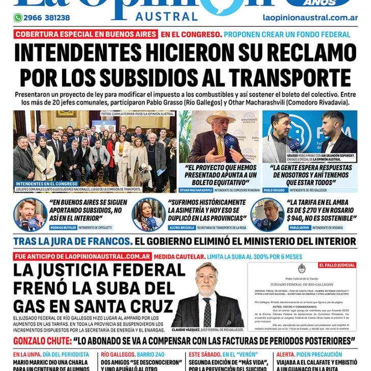 Diario La Opinión Austral tapa edición impresa del miércoles 5 de junio de 2024, Río Gallegos, Santa Cruz, Argentina