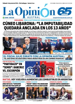 Diario La Opinión Austral tapa edición impresa del sábado 1 de junio de 2024, Río Gallegos, Santa Cruz, Argentina