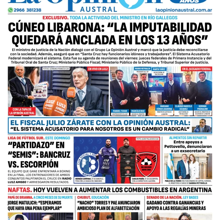 Diario La Opinión Austral tapa edición impresa del sábado 1 de junio de 2024, Río Gallegos, Santa Cruz, Argentina