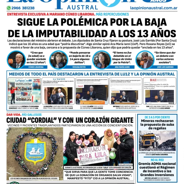 Diario La Opinión Austral tapa edición impresa del domingo 2 de junio de 2024, Río Gallegos, Santa Cruz, Argentina